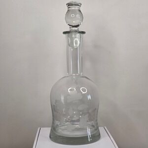 Vintage Floral Etched Glass Wine Decanter With Glass Topper 13 3/4" Clear